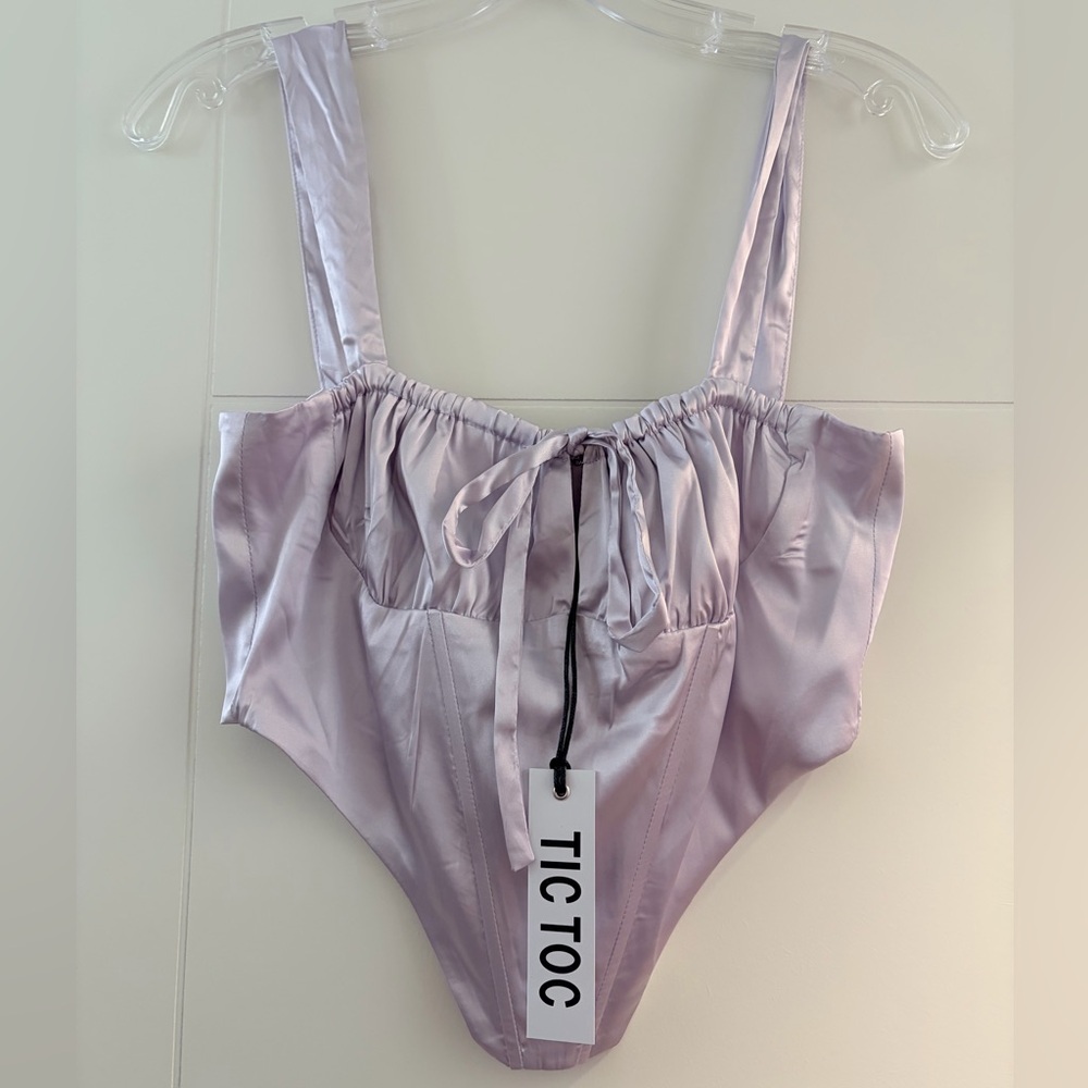 Lavender Satin Tie-Front Bodysuit - Picture 2 of 3